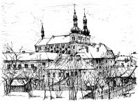 pohled na kostel a školu z ulice Obránců míru (kresba Emil Frei)